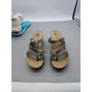 Bio Gold Sandals Women's Size 8 Gray Wedge Cork Leather Bohemian Comfort Strappy